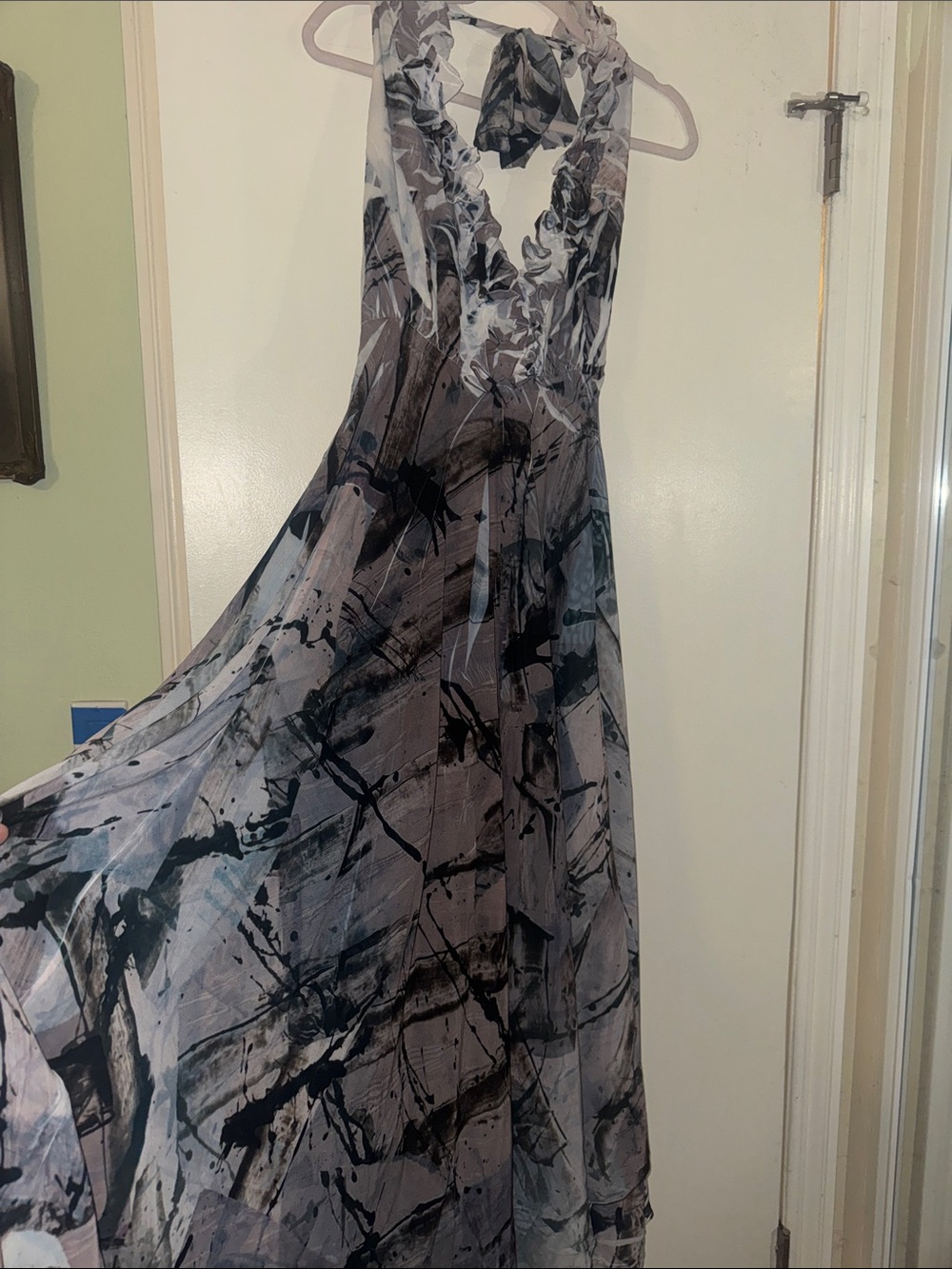 Sleeveless Ruffle V-Neck Maxi Dress in Gray, Black, and Purples.